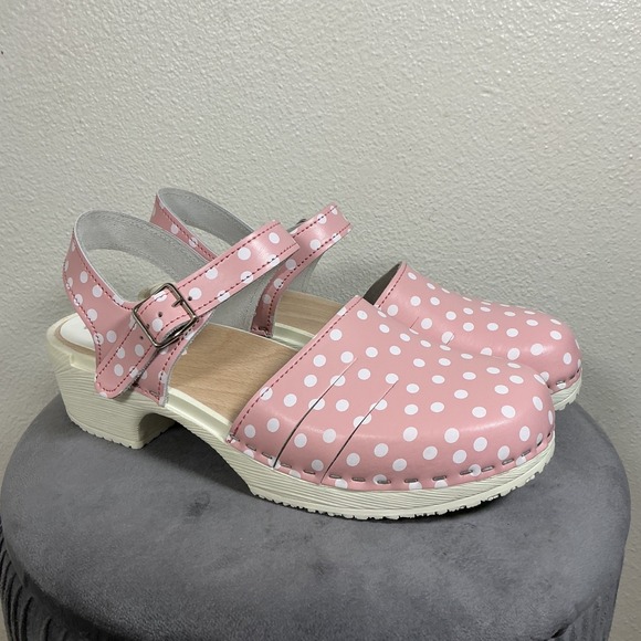 VERKA Swedish Comfort Clogs EUR 41 US 10 Leather Pink W/ White Polka Dots - Picture 1 of 8